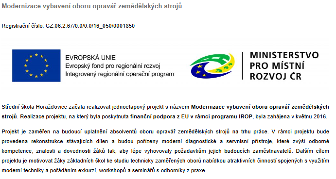 IROP – Modernizace vybavení oboru opravář zemědělských strojů